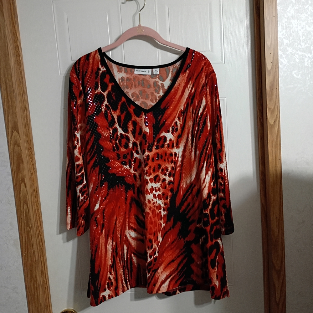 Susan Graver Red and Black Animal Print Blouse